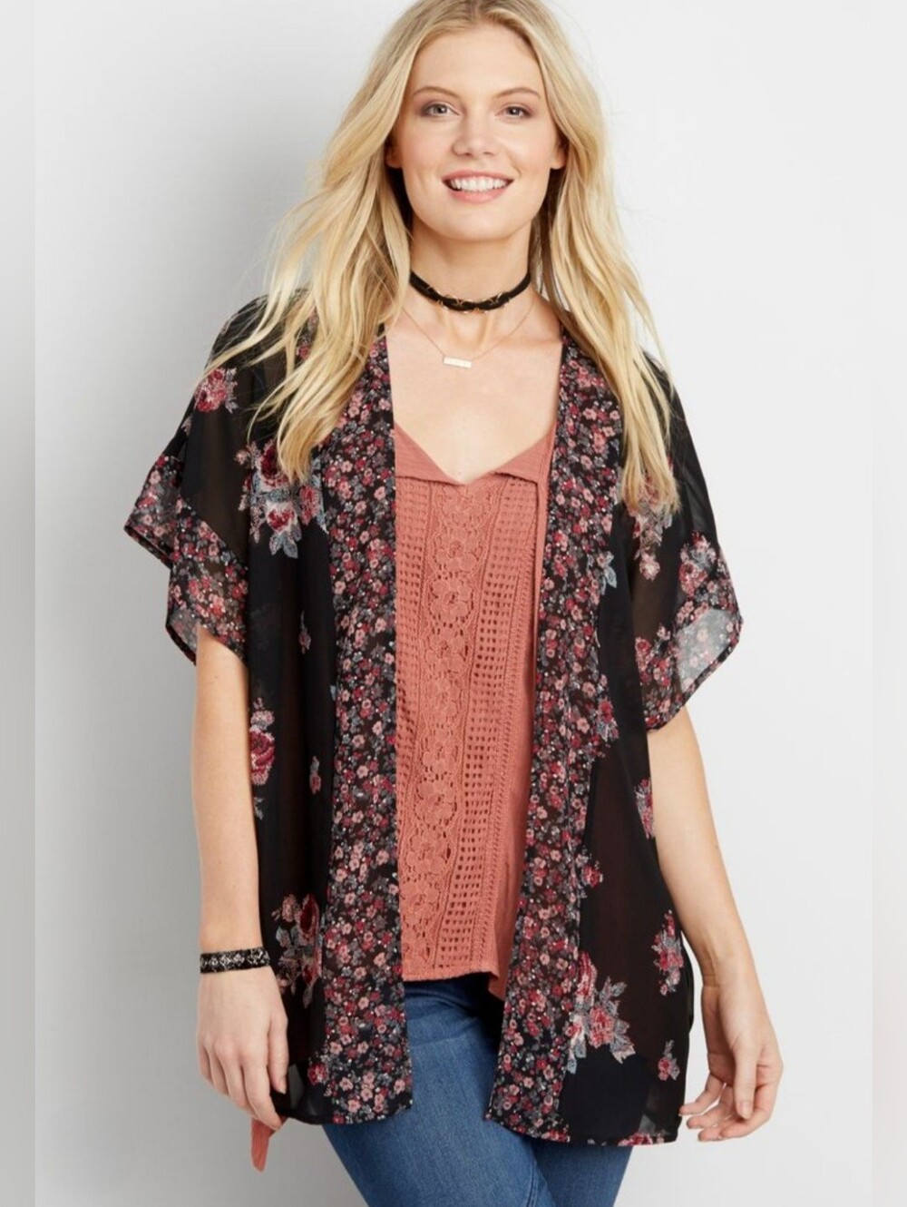 EUC Maurices "Floral Print Chiffon Kimono" Black🖤Gray🩶Dk Pink💗Lt Pink🩷Sz 2/3